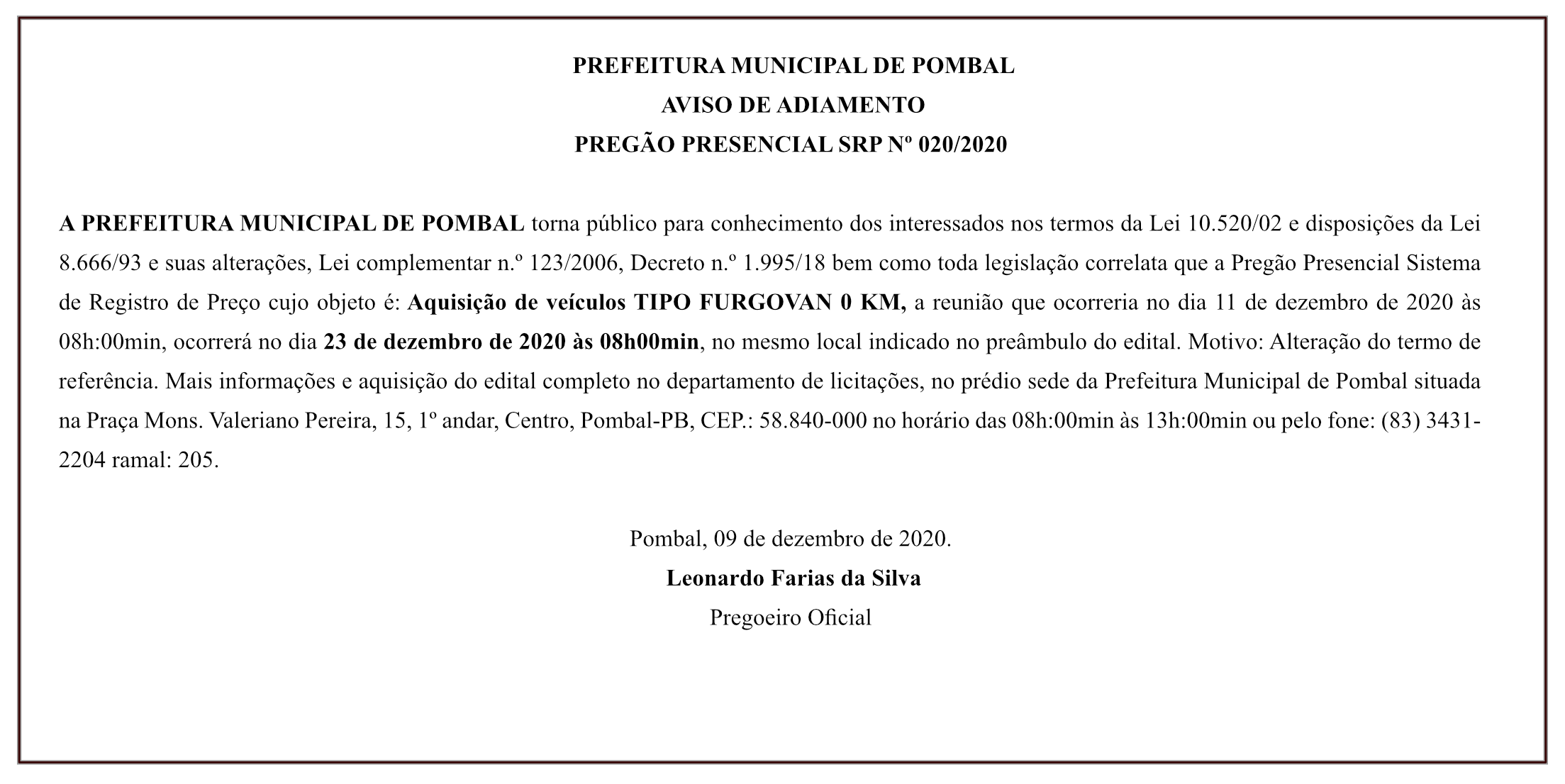 PREFEITURA MUNICIPAL DE POMBAL – AVISO DE ADIAMENTO – PREGÃO PRESENCIAL SRP Nº 020/2020