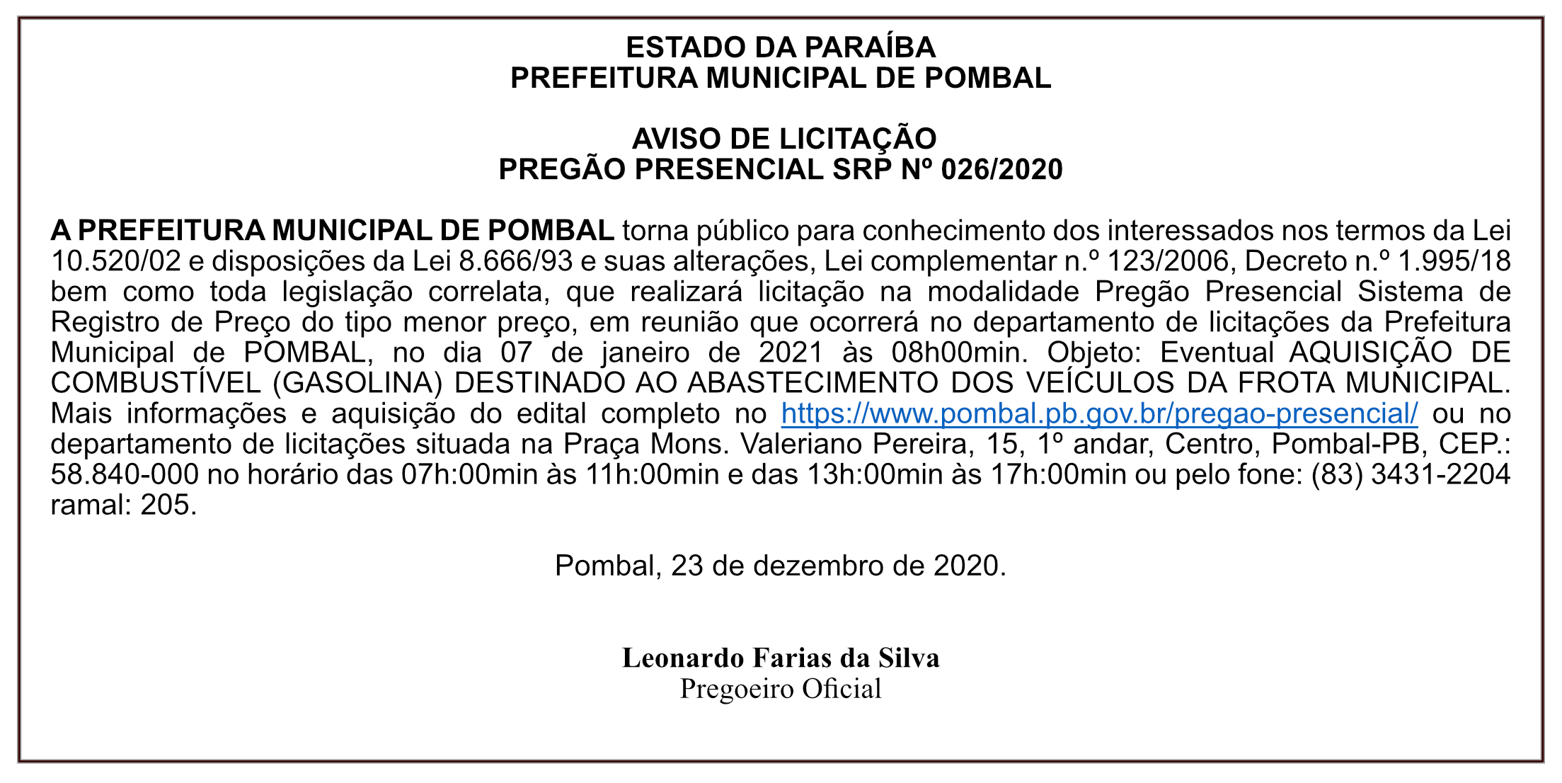 PREFEITURA MUNICIPAL DE POMBAL – AVISO DE LICITAÇÃO – PREGÃO PRESENCIAL SRP Nº 026/2020