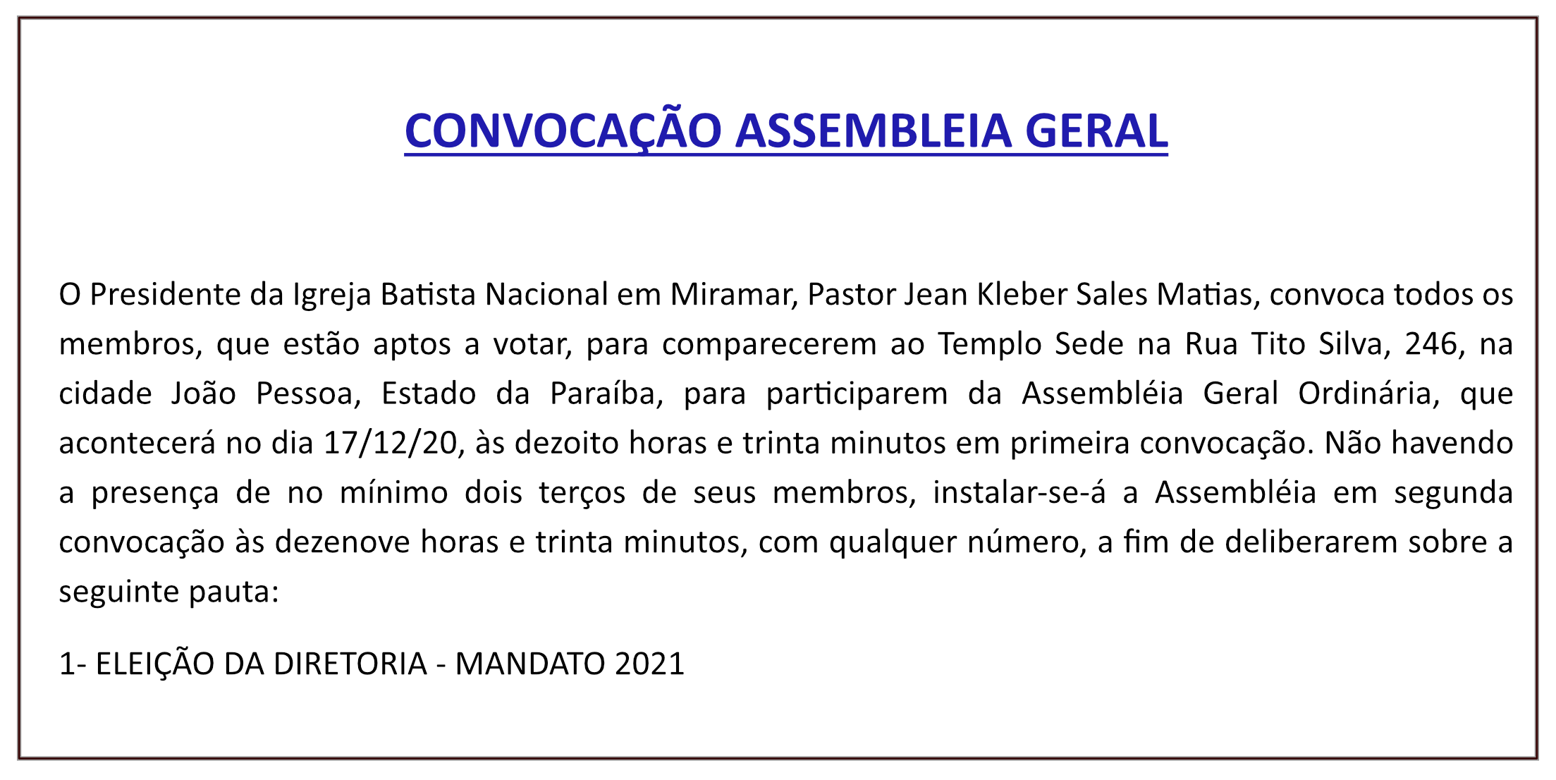 Igreja Batista Nacional em Miramar – Convocação Assembleia Geral