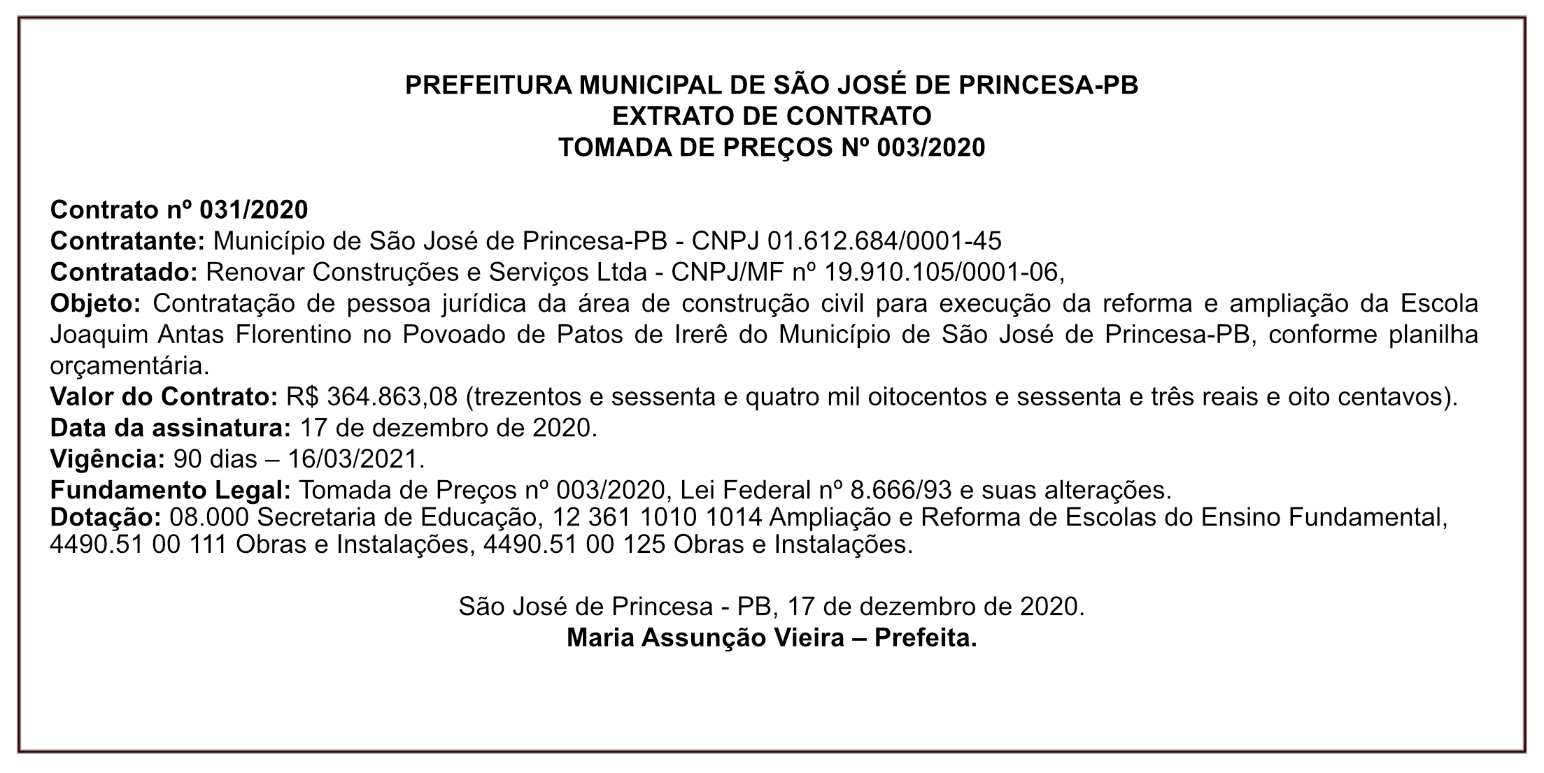 PREFEITURA MUNICIPAL DE SÃO JOSÉ DE PRINCESA-PB – EXTRATO DE CONTRATO – TOMADA DE PREÇOS Nº 003/2020