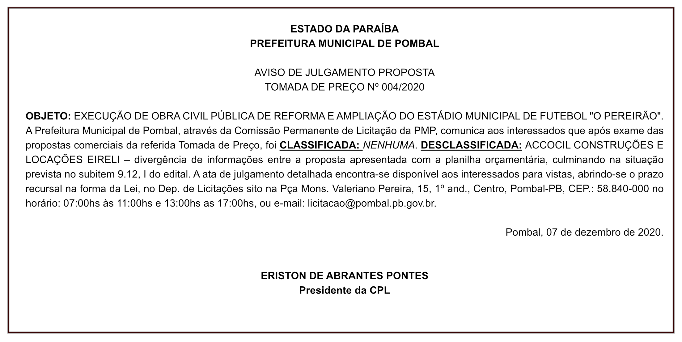 PREFEITURA MUNICIPAL DE POMBAL – AVISO DE JULGAMENTO – PROPOSTA – TOMADA DE PREÇO Nº 004/2020