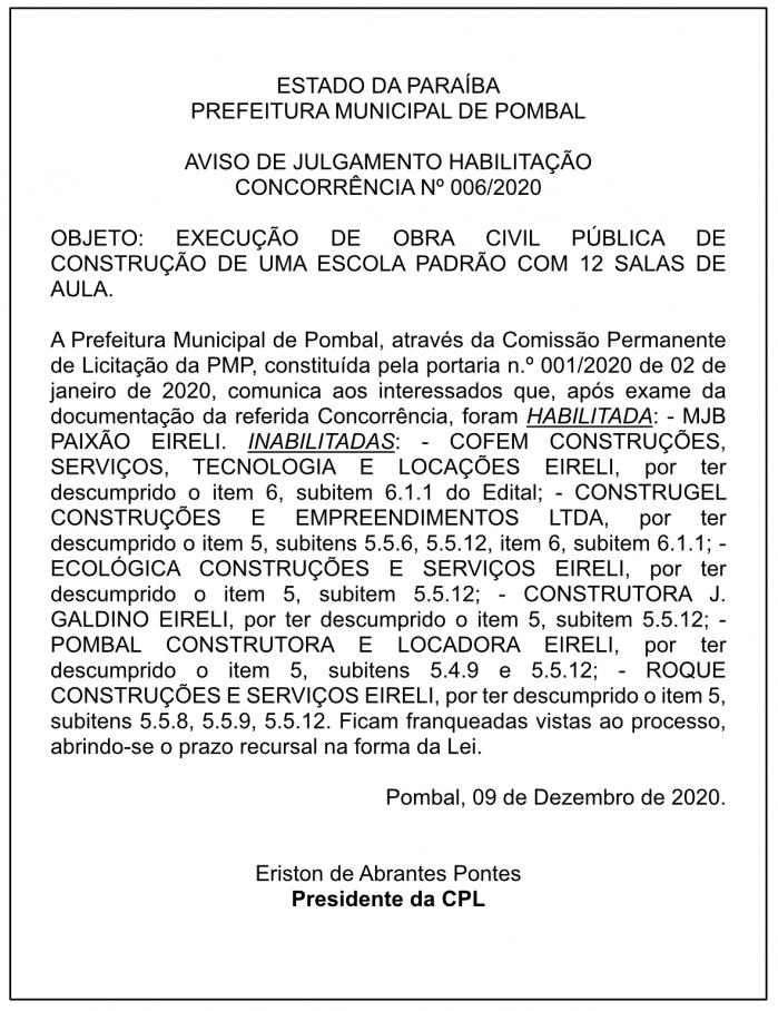 PREFEITURA MUNICIPAL DE POMBAL – AVISO DE JULGAMENTO HABILITAÇÃO – CONCORRÊNCIA Nº 006/2020