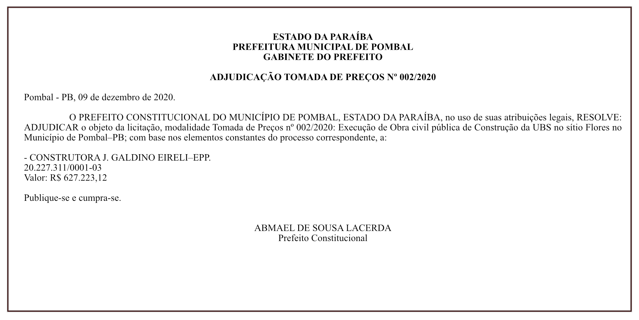 PREFEITURA MUNICIPAL DE POMBAL – GABINETE DO PREFEITO – ADJUDICAÇÃO – TOMADA DE PREÇOS Nº 002/2020