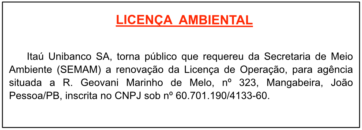 Itaú Unibanco SA – CNPJ 60.701.190/4133-60 – RENOVAÇÃO DA LICENÇA DE OPERAÇÃO