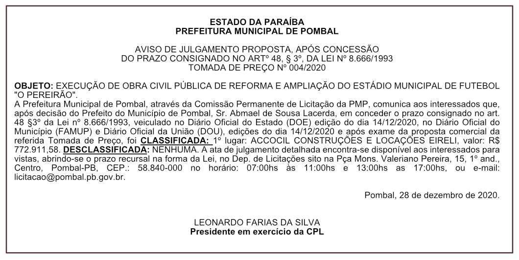 PREFEITURA MUNICIPAL DE POMBAL AVISO DE JULGAMENTO – TOMADA DE PREÇO Nº 004/2020