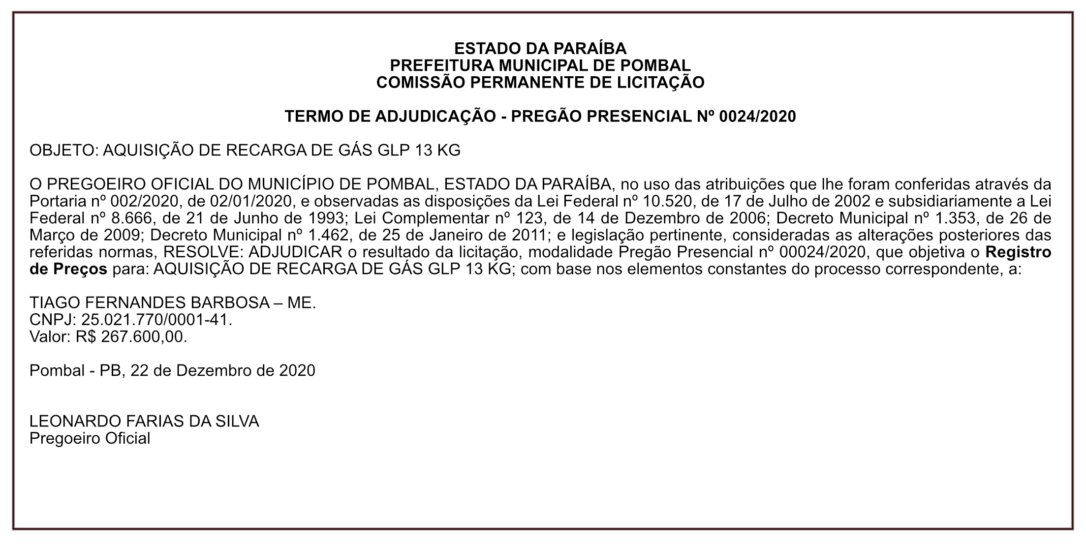 PREFEITURA MUNICIPAL DE POMBAL – TERMO DE ADJUDICAÇÃO – PREGÃO PRESENCIAL Nº 0024/2020