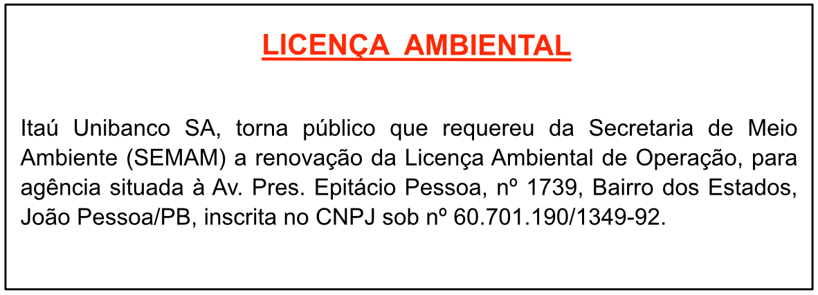 Itaú Unibanco SA – CNPJ 60.701.190/1349-92 –  RENOVAÇÃO DA LICENÇA DE OPERAÇÃO