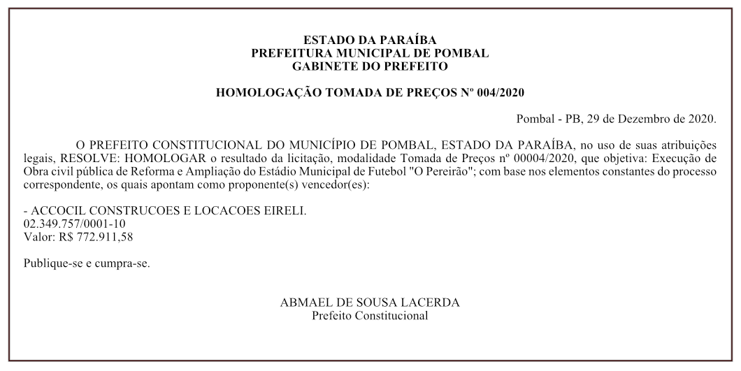 PREFEITURA MUNICIPAL DE POMBAL – HOMOLOGAÇÃO – TOMADA DE PREÇOS Nº 004/2020