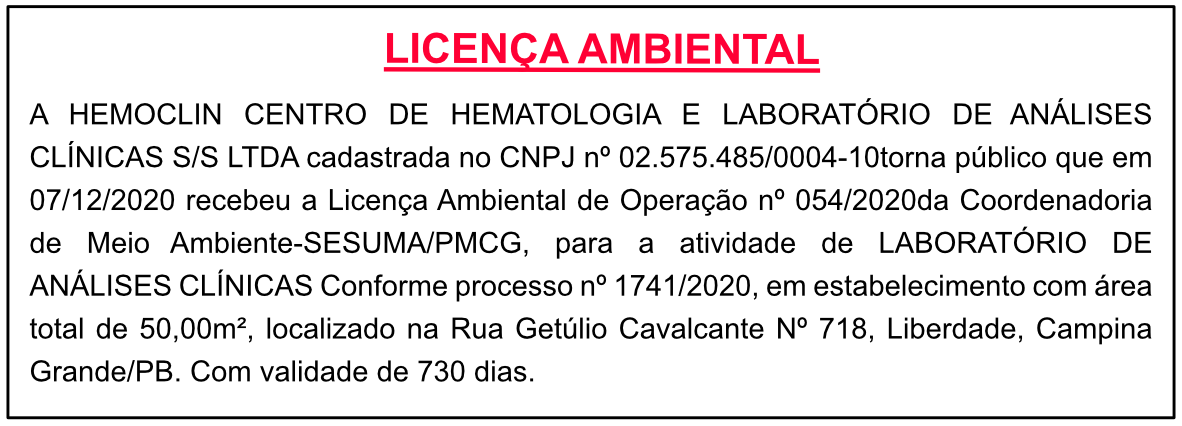 HEMOCLIN CENTRO DE HEMATOLOGIA E LABORATÓRIO DE ANÁLISES CLÍNICAS S/S LTDA – Licença de Operação