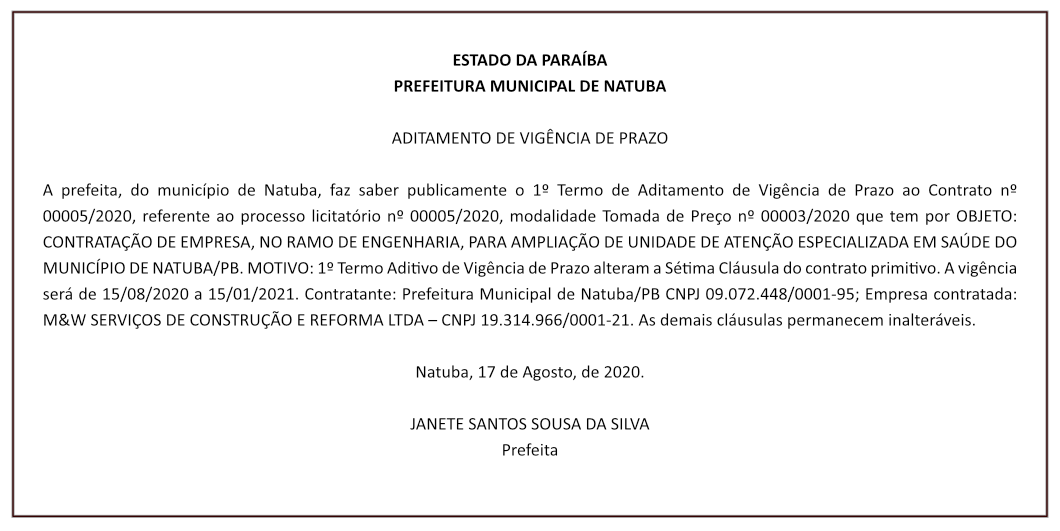 PREFEITURA MUNICIPAL DE NATUBA – ADITAMENTO DE VIGÊNCIA DE PRAZO