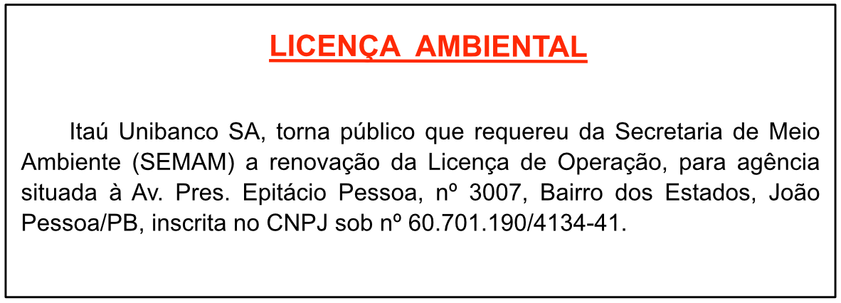 Itaú Unibanco SA – CNPJ 60.701.190/4134-41 – RENOVAÇÃO DA LICENÇA DE OPERAÇÃO