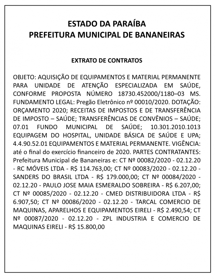 PREFEITURA MUNICIPAL DE BANANEIRAS – EXTRATO DE CONTRATOS