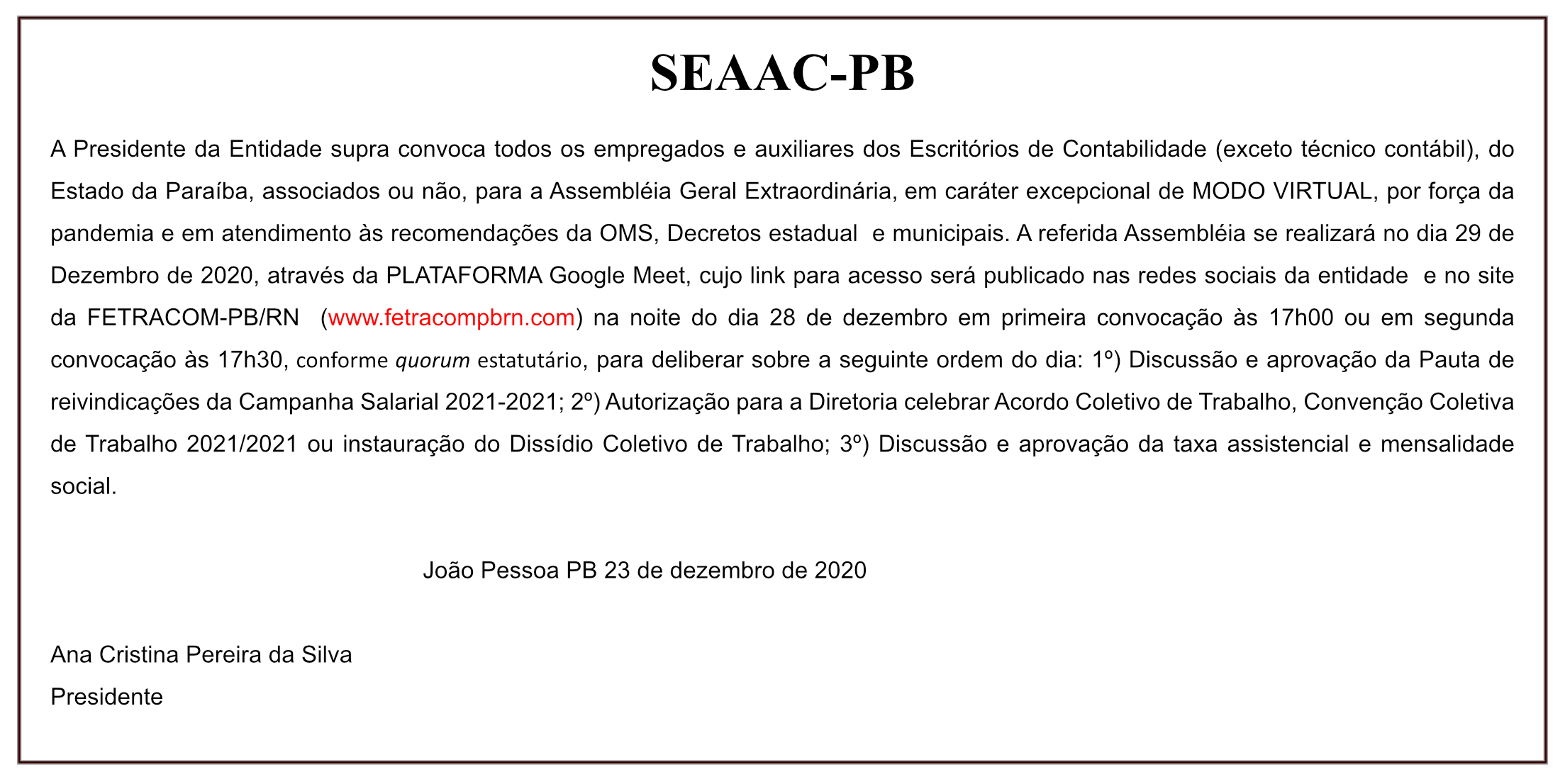 SEAAC-PB – Assembléia Geral Extraordinária