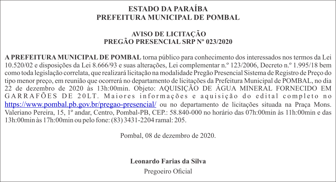PREFEITURA MUNICIPAL DE POMBAL – AVISO DE LICITAÇÃO – PREGÃO PRESENCIAL SRP Nº 023/2020