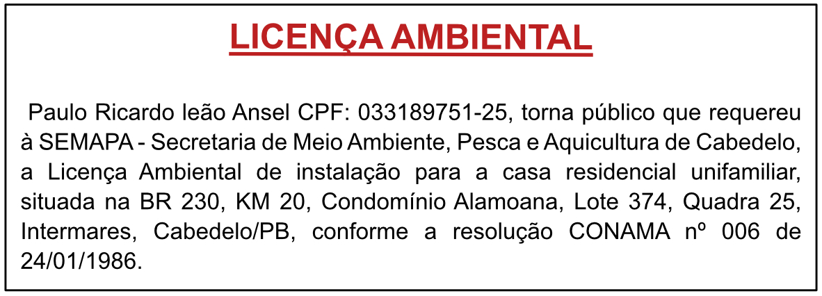 Paulo Ricardo leão Ansel – Licença Ambiental