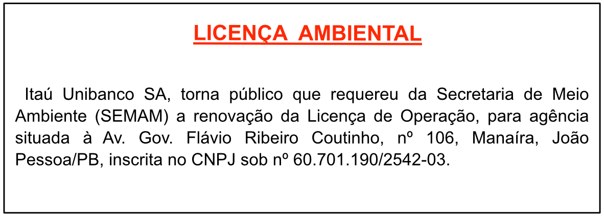Itaú Unibanco SA – CNPJ 60.701.190/2542-03 – RENOVAÇÃO DA LICENÇA DE OPERAÇÃO