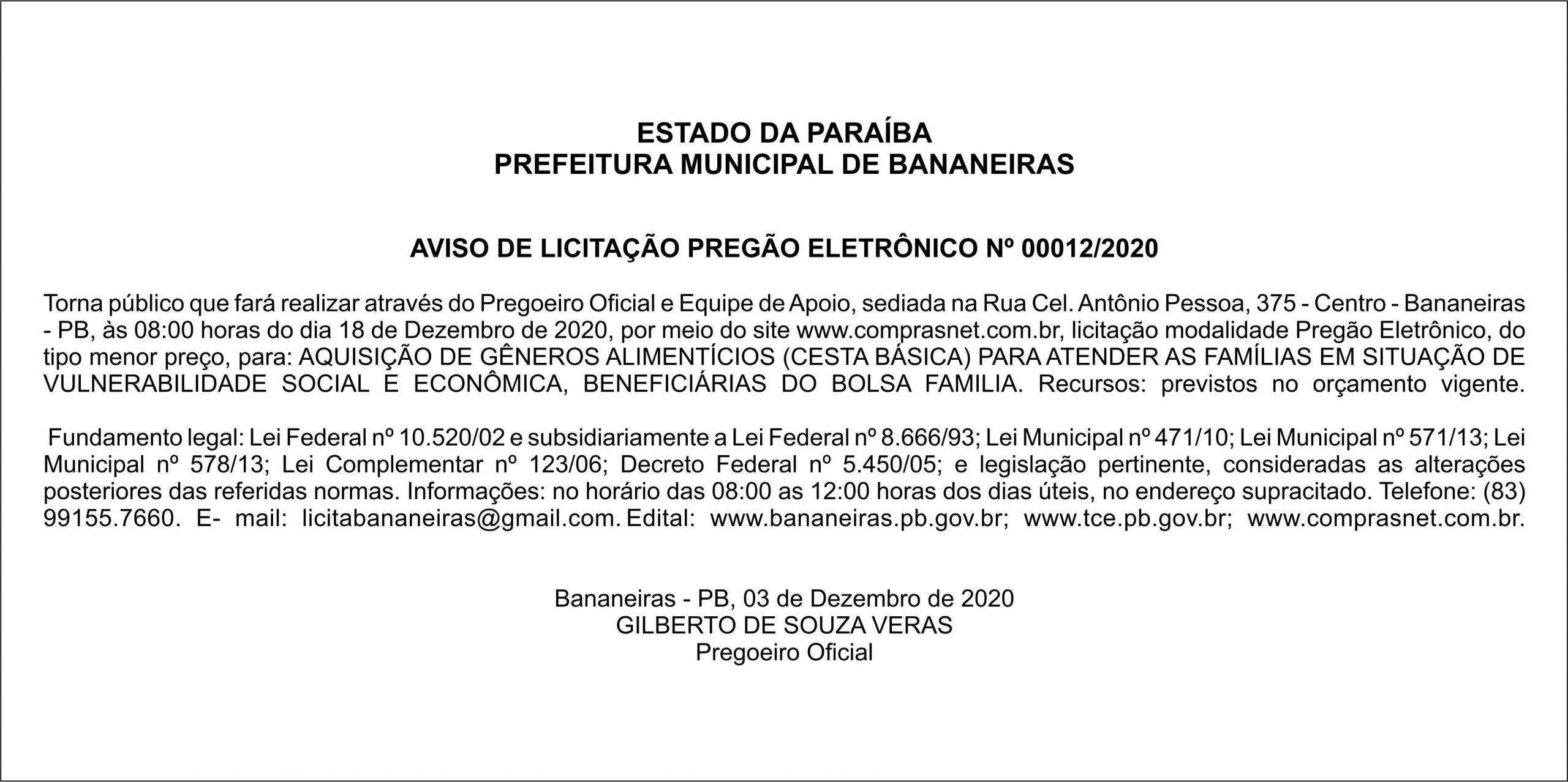 PREFEITURA MUNICIPAL DE BANANEIRAS – AVISO DE LICITAÇÃO – PREGÃO ELETRÔNICO Nº 00012/2020