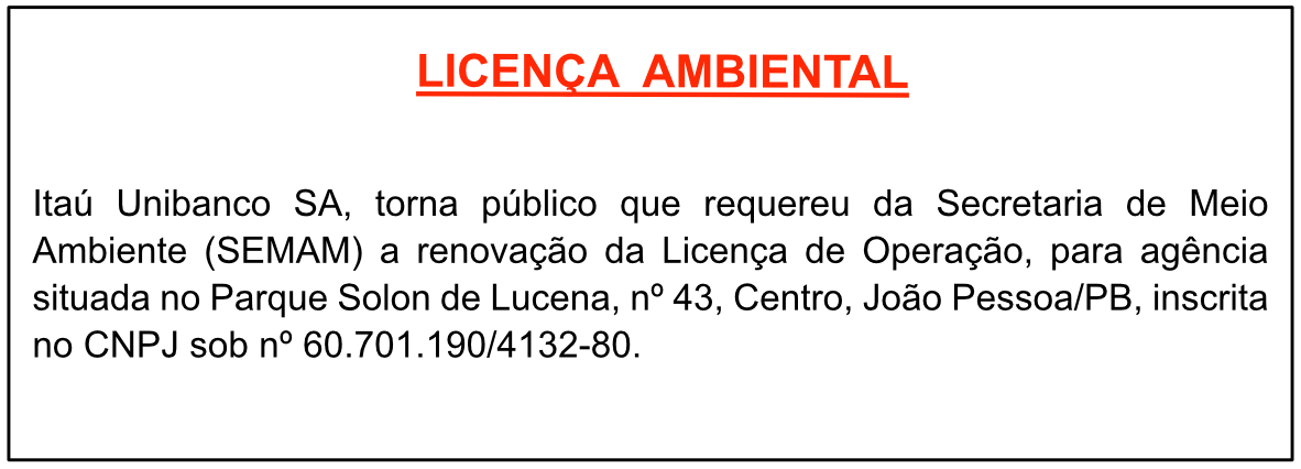 Itaú Unibanco SA – CNPJ 60.701.190/4132-80   – RENOVAÇÃO DA LICENÇA DE OPERAÇÃO
