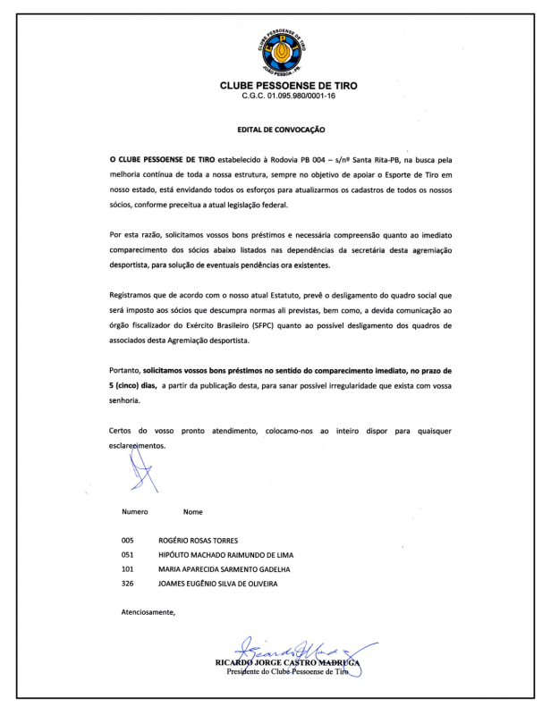 Clube Pessoense de Tiro Paraíba – Edital de Convocação