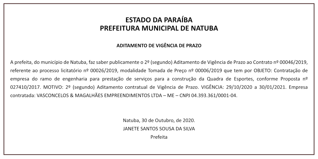 PREFEITURA MUNICIPAL DE NATUBA – ADITAMENTO DE VIGÊNCIA DE PRAZO