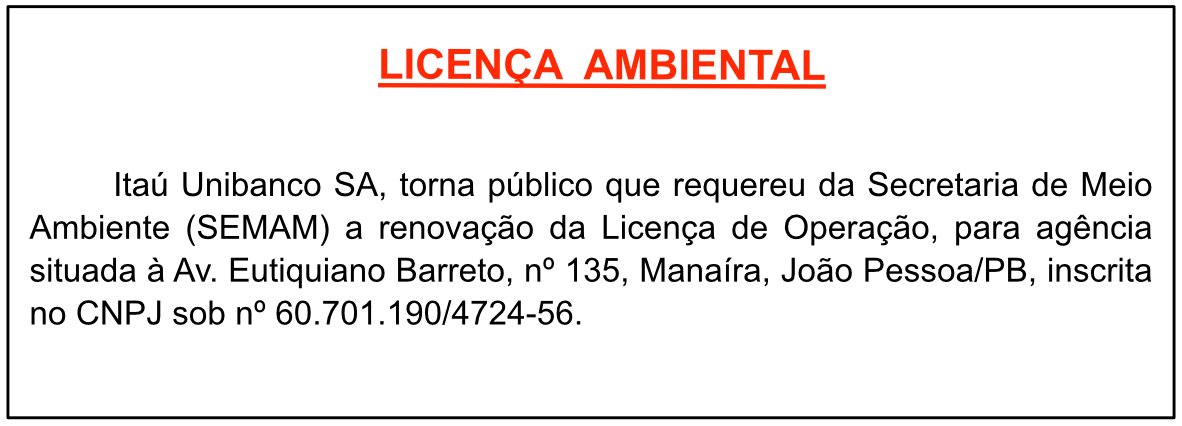 Itaú Unibanco SA – CNPJ 60.701.190/4724-56 – RENOVAÇÃO DA LICENÇA DE OPERAÇÃO