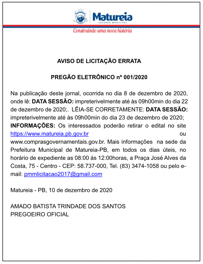 PREFEITURA MUNICIPAL DE MATUREIA – AVISO DE LICITAÇÃO ERRATA – PREGÃO ELETRÔNICO Nº 001/2020