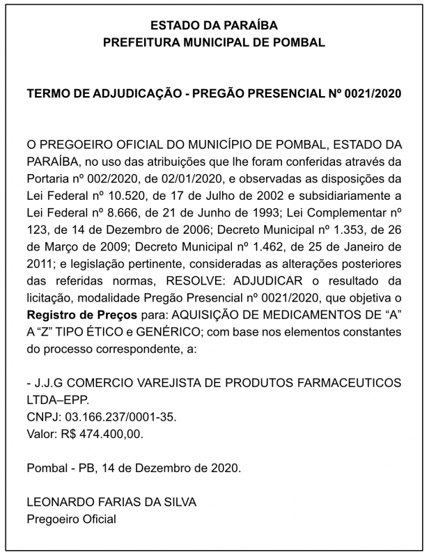 PREFEITURA MUNICIPAL DE POMBAL – TERMO DE ADJUDICAÇÃO – PREGÃO PRESENCIAL Nº 0021/2020