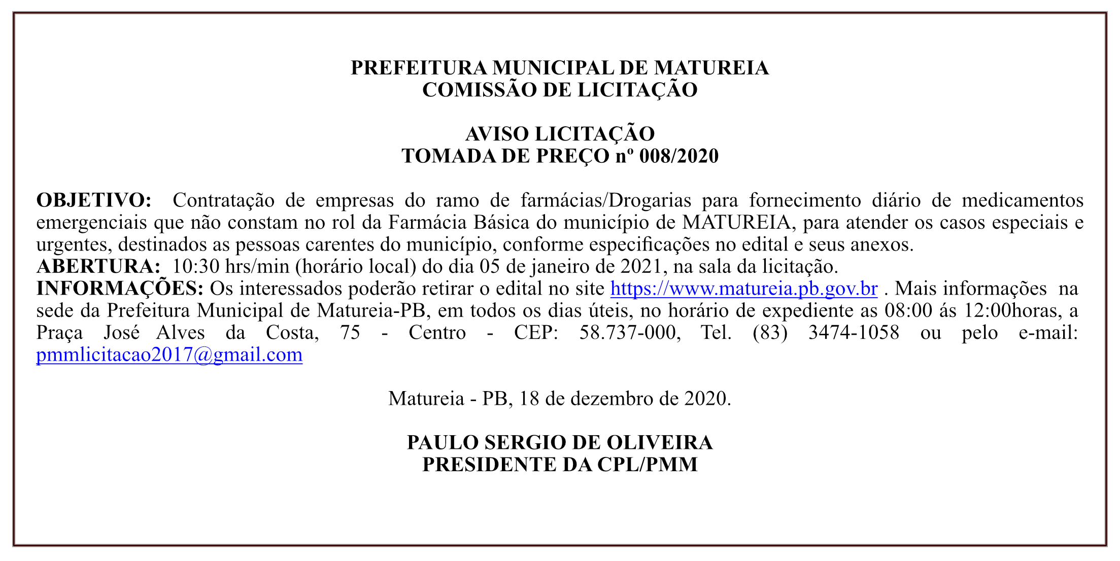 PREFEITURA MUNICIPAL DE MATUREIA – COMISSÃO DE LICITAÇÃO – AVISO LICITAÇÃO – TOMADA DE PREÇO nº 008/2020