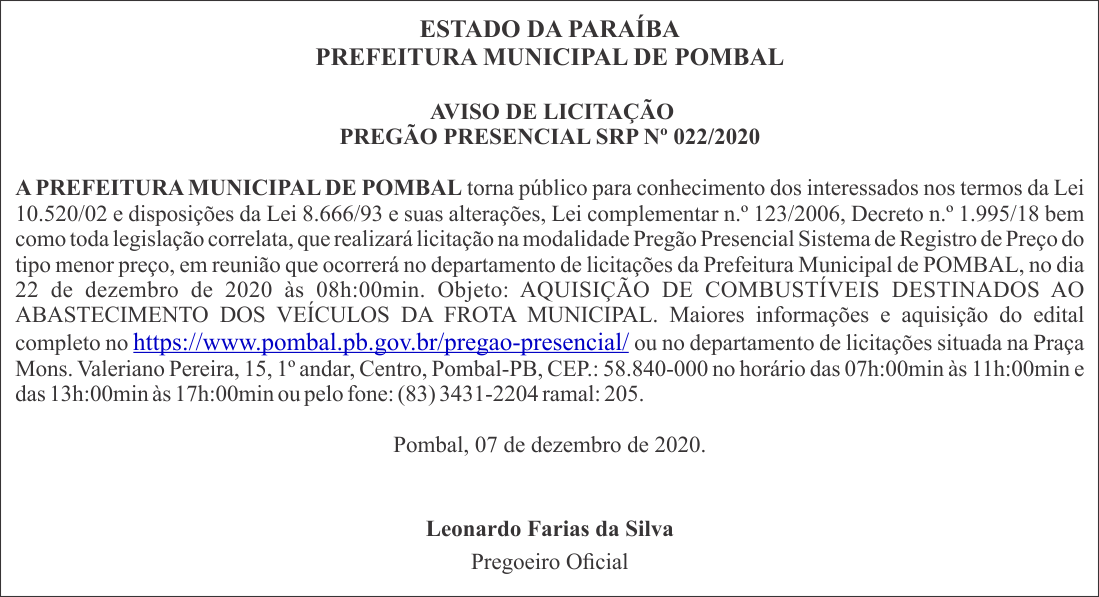 PREFEITURA MUNICIPAL DE POMBAL – AVISO DE LICITAÇÃO – PREGÃO PRESENCIAL SRP Nº 022/2020