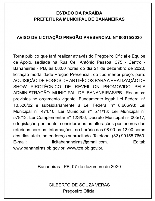 PREFEITURA MUNICIPAL DE BANANEIRAS – AVISO DE LICITAÇÃO PREGÃO PRESENCIAL Nº 00015/2020