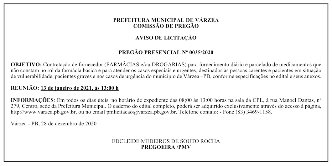 PREFEITURA MUNICIPAL DE VÁRZEA – AVISO DE LICITAÇÃO – PREGÃO PRESENCIAL Nº 0035/2020
