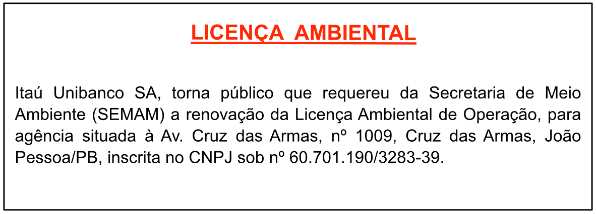 Itaú Unibanco SA – CNPJ 60.701.190/3283-39  – RENOVAÇÃO DA LICENÇA DE OPERAÇÃO