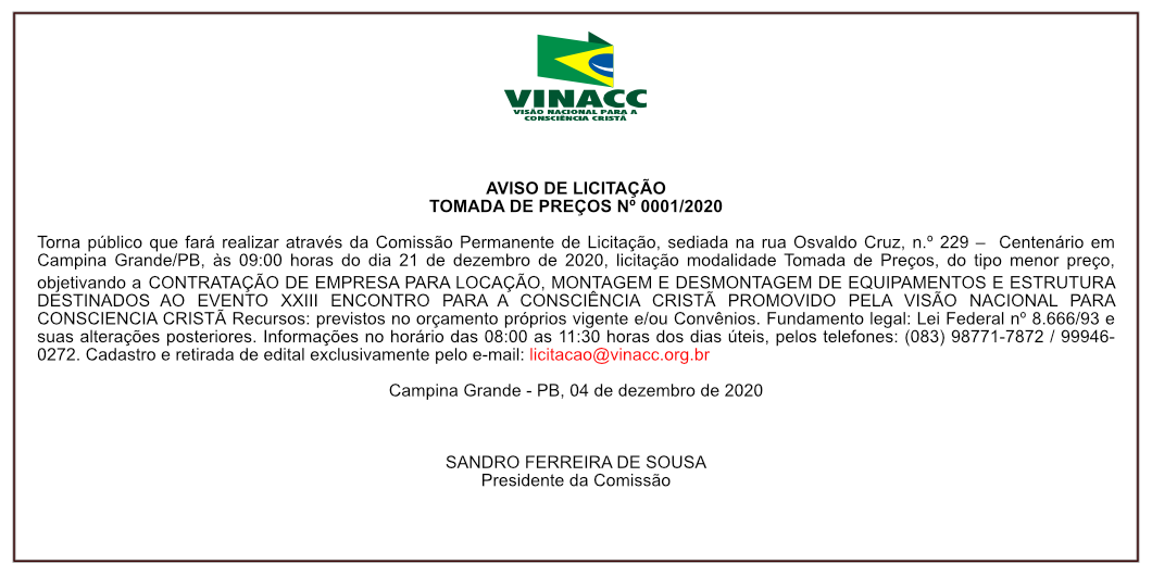 VINACC – AVISO DE LICITAÇÃO – TOMADA DE PREÇOS Nº 0001/2020