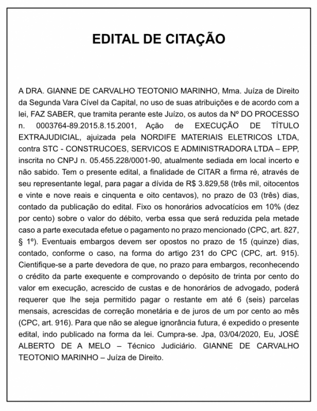 NORDIFE MATERIAIS ELETRICOS LTDA – PROCESSO Nº 0003764-89.2015.8.15.2001, Ação de EXECUÇÃO DE TÍTULO EXTRAJUDICIAL