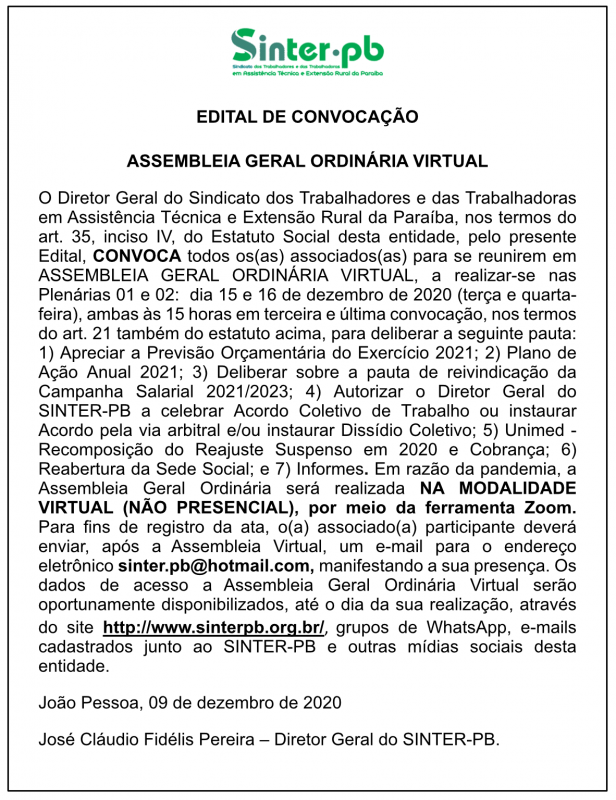 SINTER-PB – EDITAL DE CONVOCAÇÃO – ASSEMBLEIA GERAL ORDINÁRIA VIRTUAL