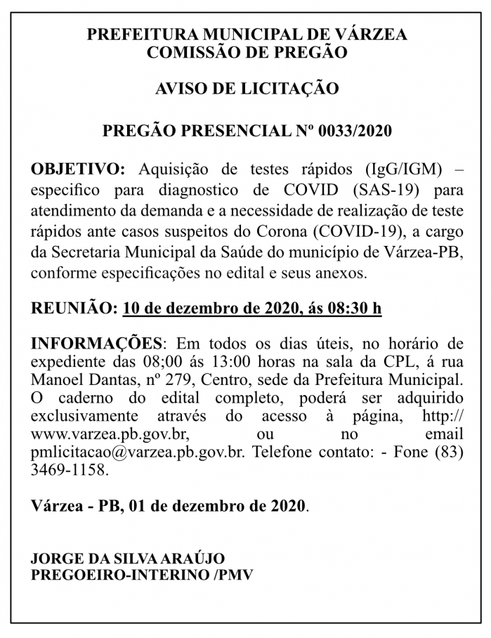 PREFEITURA MUNICIPAL DE VÁRZEA – AVISO DE LICITAÇÃO – PREGÃO PRESENCIAL Nº 0033/2020