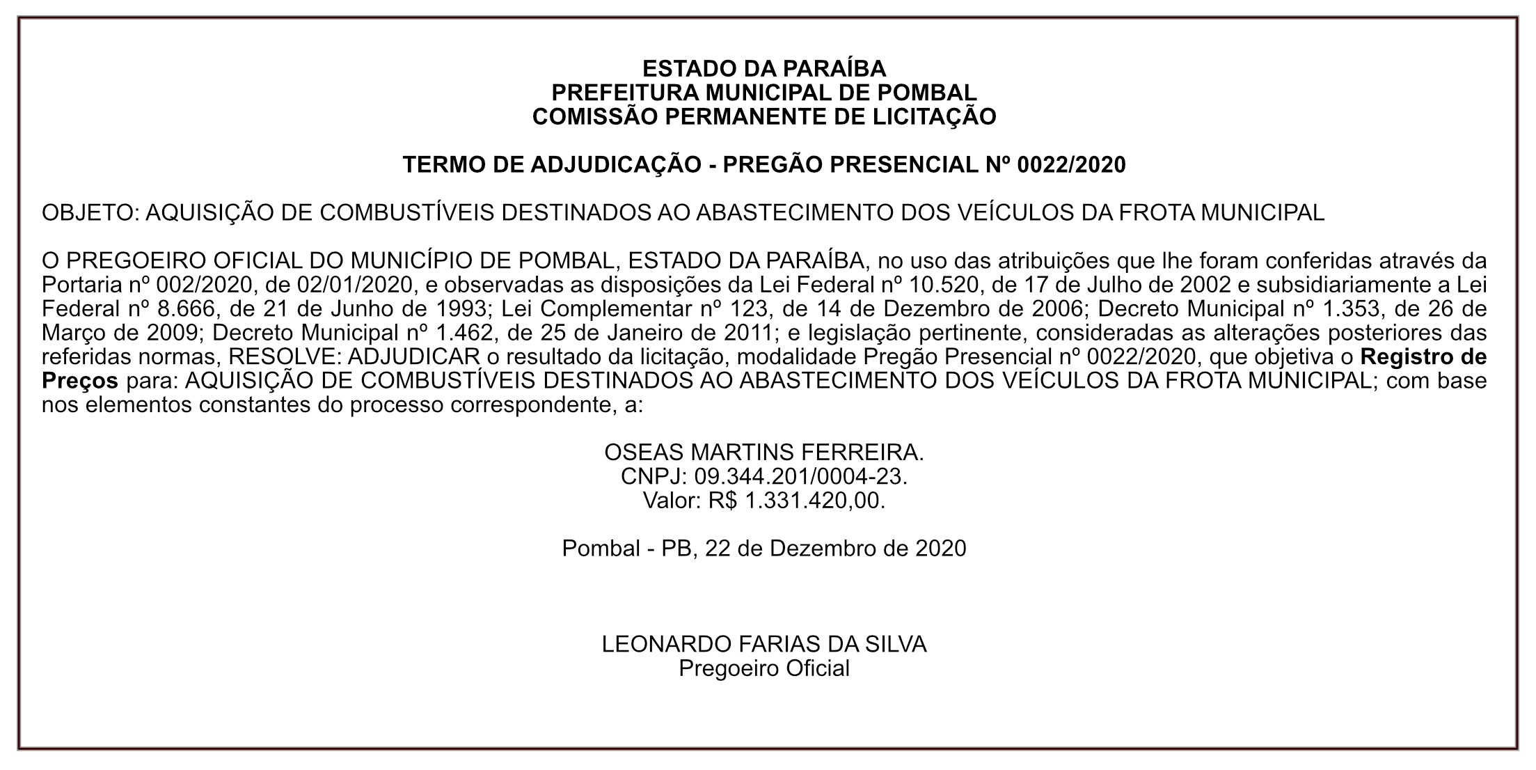 PREFEITURA MUNICIPAL DE POMBAL – TERMO DE ADJUDICAÇÃO – PREGÃO PRESENCIAL Nº 0022/2020