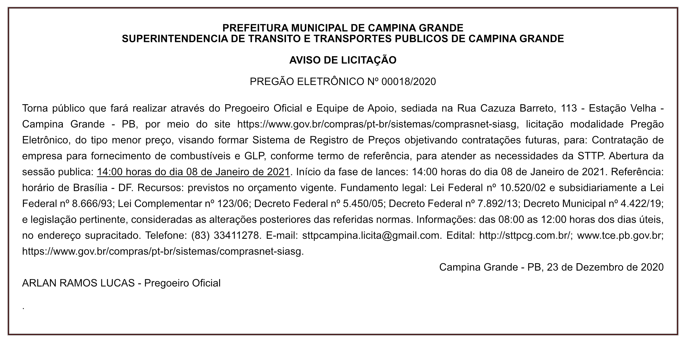 STTP/CG – AVISO DE LICITAÇÃO – PREGÃO ELETRÔNICO Nº 00018/2020
