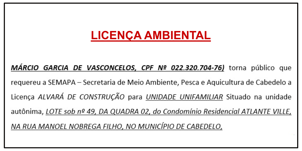MÁRIO GARCIA DE VASCONCELOS – LICENÇA AMBIENTAL