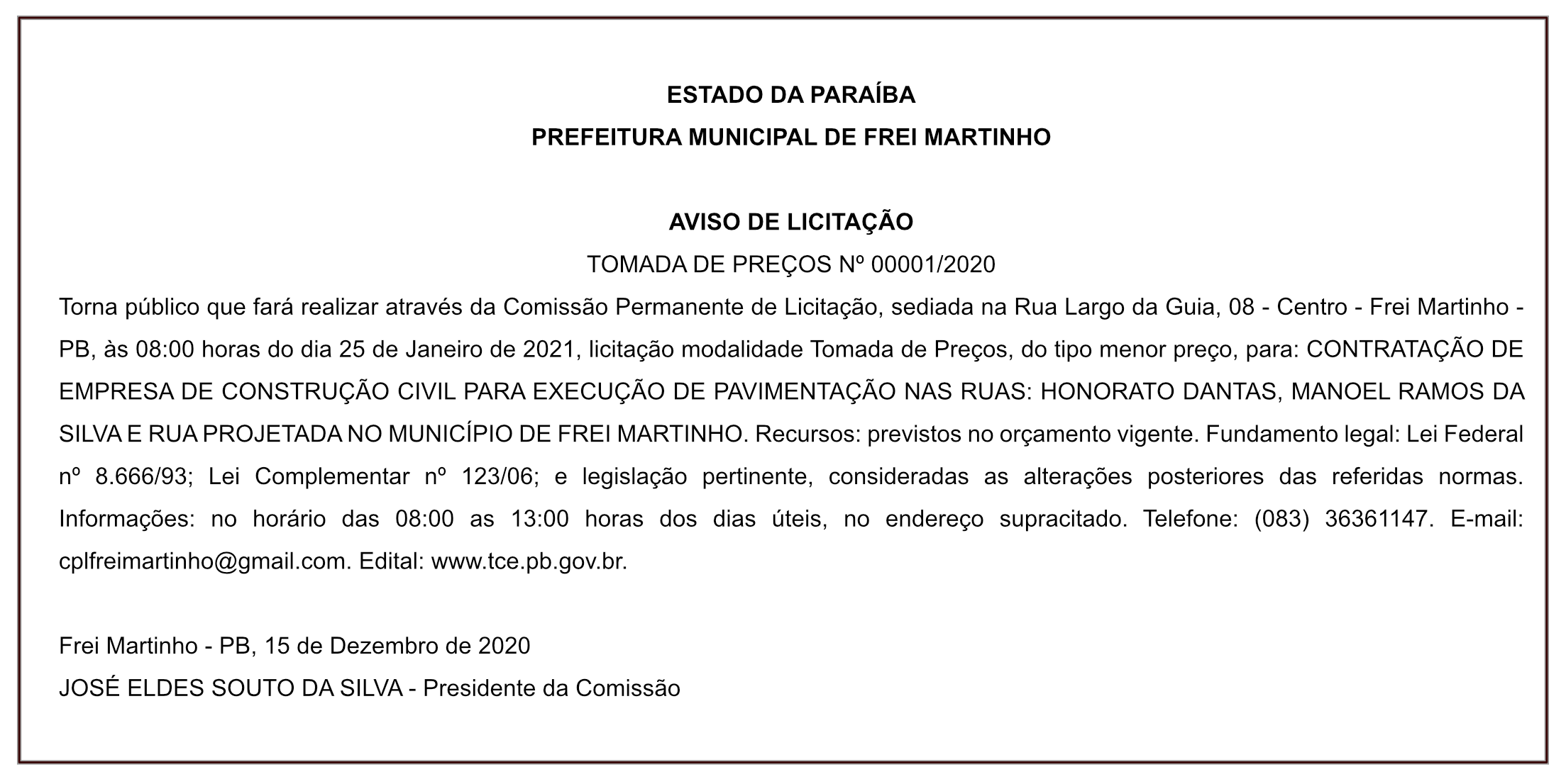 PREFEITURA MUNICIPAL DE FREI MARTINHO – AVISO DE LICITAÇÃO – TOMADA DE PREÇOS Nº 00001/2020