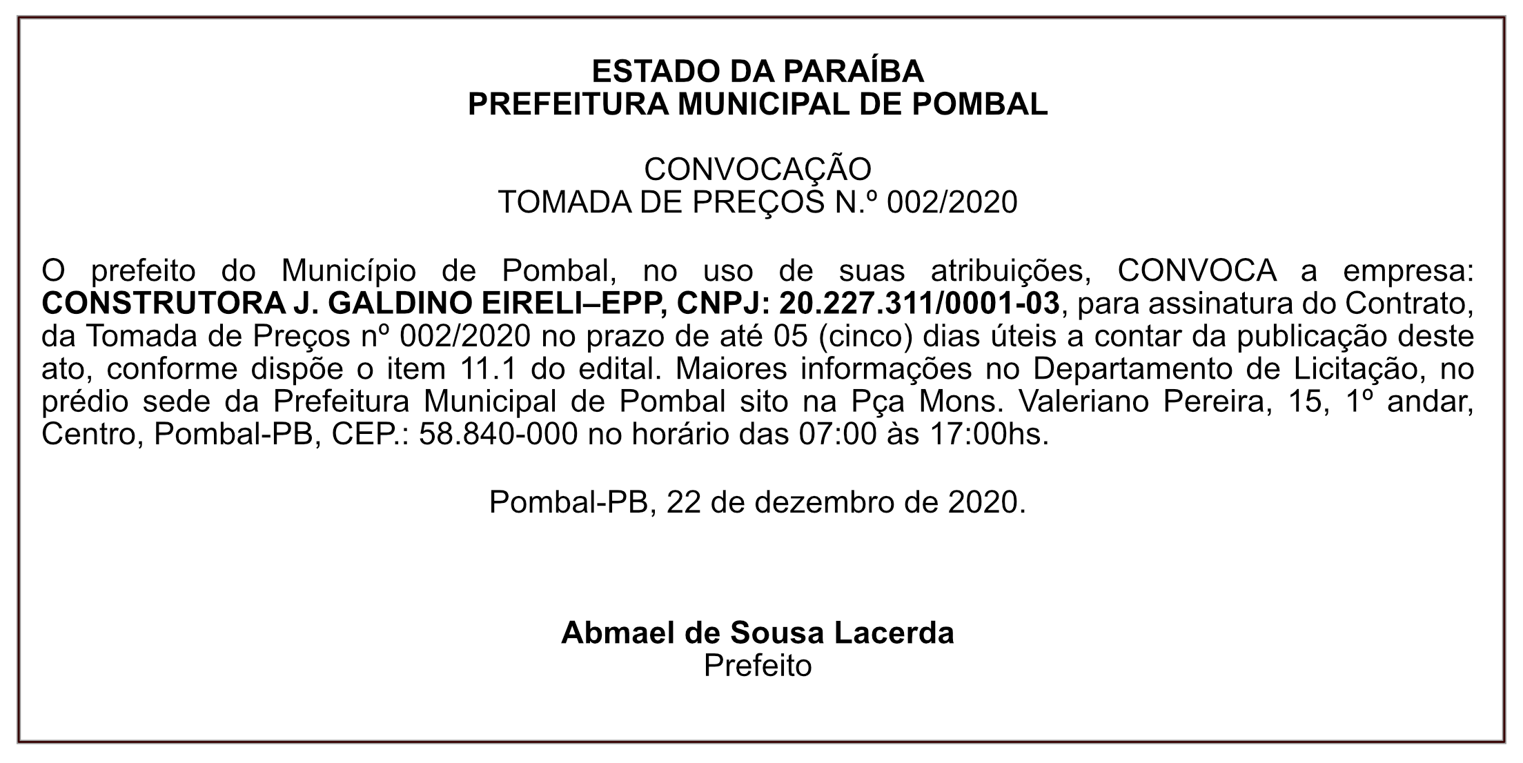 PREFEITURA MUNICIPAL DE POMBAL – CONVOCAÇÃO – TOMADA DE PREÇOS N.º 002/2020