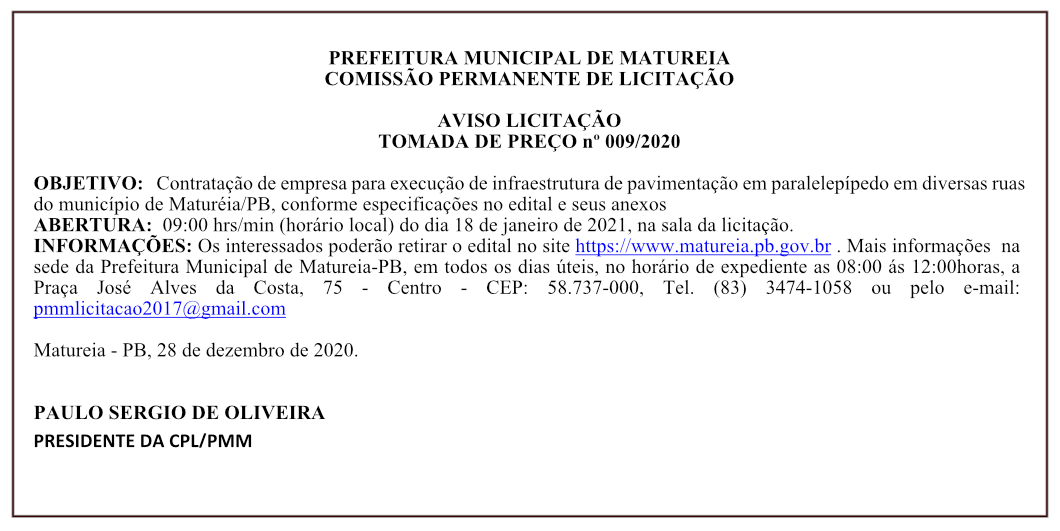 PREFEITURA MUNICIPAL DE MATUREIA- AVISO LICITAÇÃO – TOMADA DE PREÇO Nº 009/2020