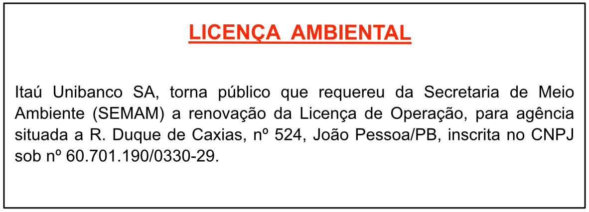 Itaú Unibanco SA – CNPJ 60.701.190/0330-29 –  RENOVAÇÃO DA LICENÇA DE OPERAÇÃO