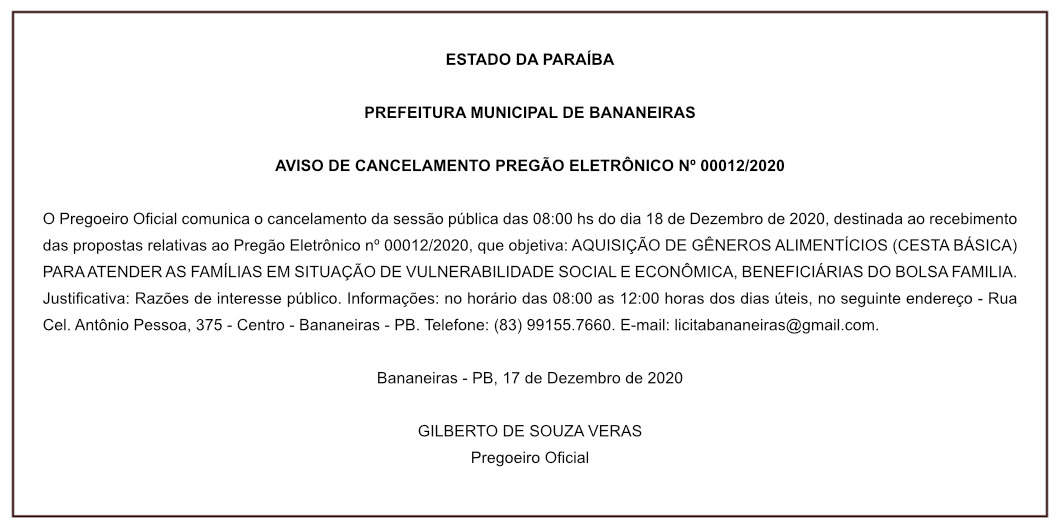PREFEITURA MUNICIPAL DE BANANEIRAS – AVISO DE CANCELAMENTO – PREGÃO ELETRÔNICO Nº 00012/2020