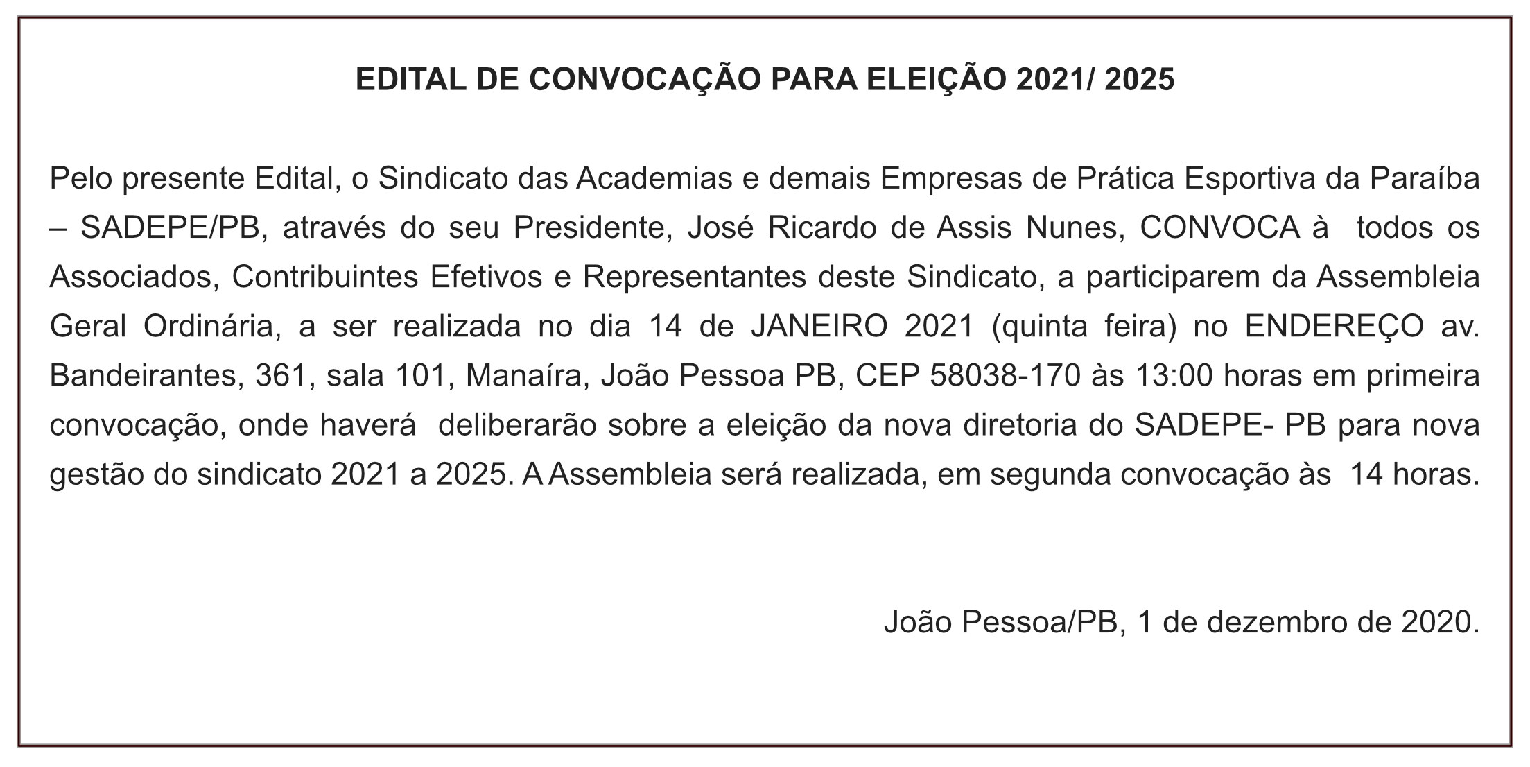 SADEPE/PB – EDITAL DE CONVOCAÇÃO PARA ELEIÇÃO 2021/ 2025