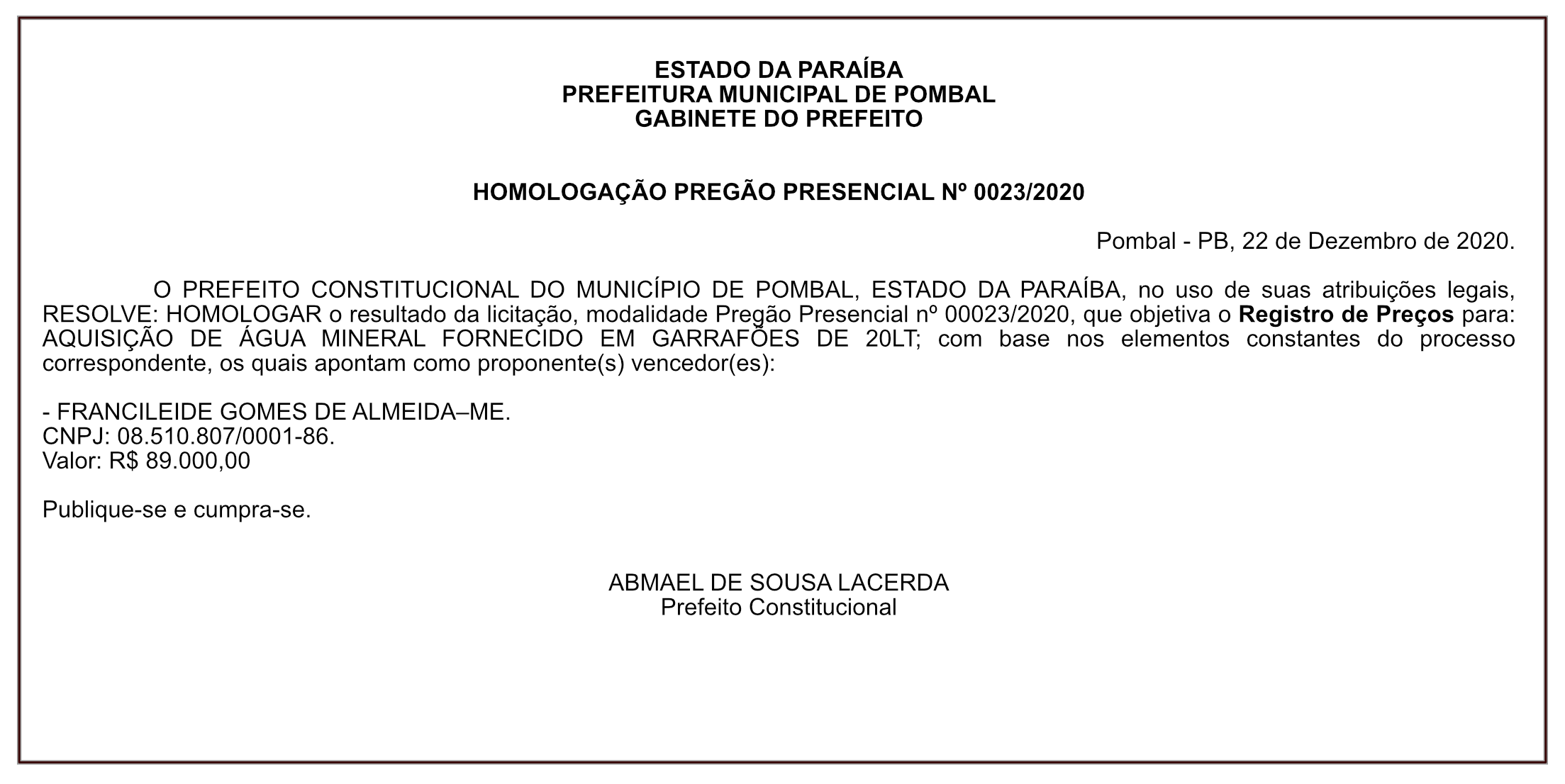 PREFEITURA MUNICIPAL DE POMBAL – HOMOLOGAÇÃO PREGÃO PRESENCIAL Nº 0023/2020