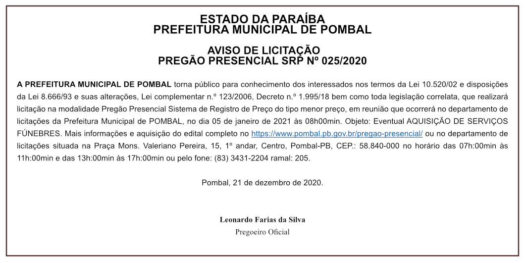 PREFEITURA MUNICIPAL DE POMBAL – AVISO DE LICITAÇÃO – PREGÃO PRESENCIAL SRP Nº 025/2020