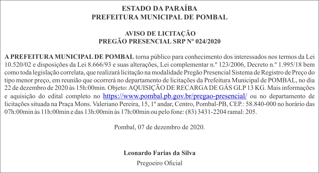 PREFEITURA MUNICIPAL DE POMBAL – AVISO DE LICITAÇÃO – PREGÃO PRESENCIAL SRP Nº 024/2020
