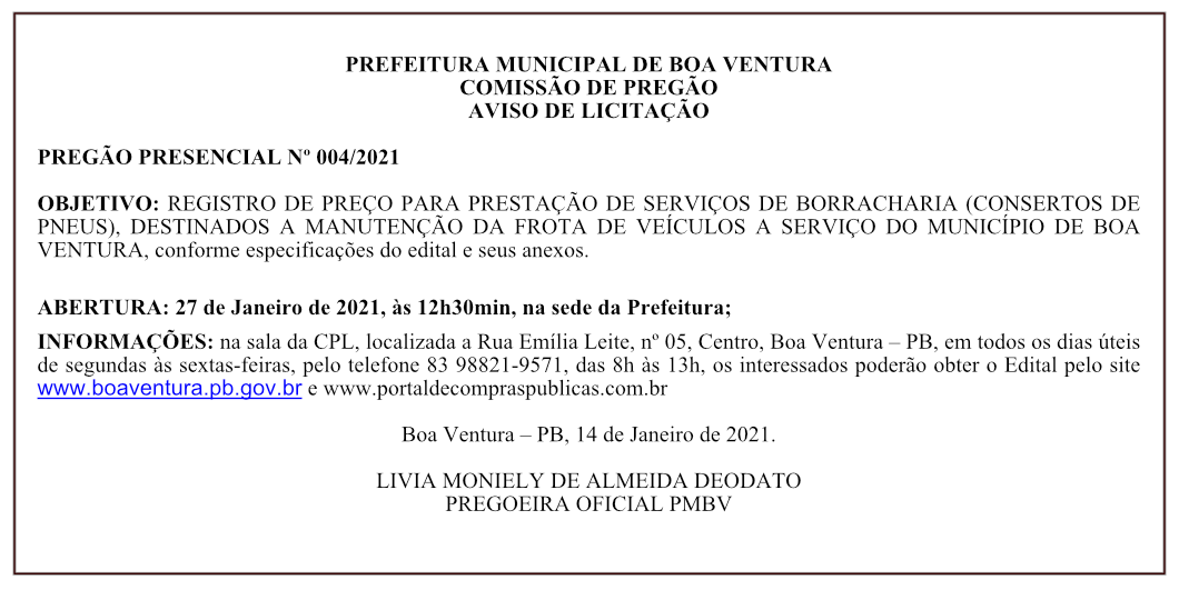 PREFEITURA MUNICIPAL DE BOA VENTURA – COMISSÃO DE PREGÃO – AVISO DE LICITAÇÃO – PREGÃO PRESENCIAL Nº 004/2021