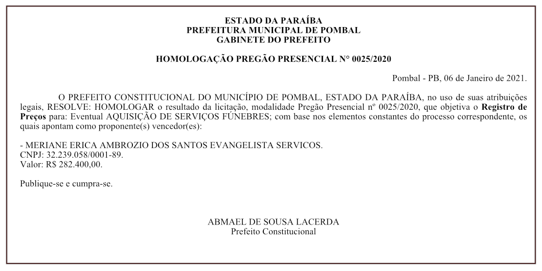 PREFEITURA MUNICIPAL DE POMBAL – HOMOLOGAÇÃO – PREGÃO PRESENCIAL N° 0025/2020